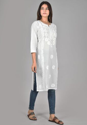 Vrnda Women's White Cotton Kurti – Hand-Embroidered Lucknowi Chikankari, Straight Fit, Knee-Length Pakistani Style Kurta in Saudi Arabia