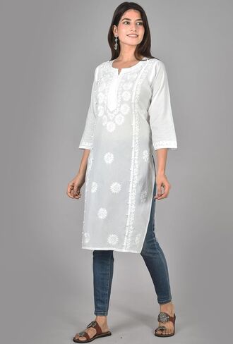 Vrnda Women's White Cotton Kurti – Hand-Embroidered Lucknowi Chikankari, Straight Fit, Knee-Length Pakistani Style Kurta in Saudi Arabia