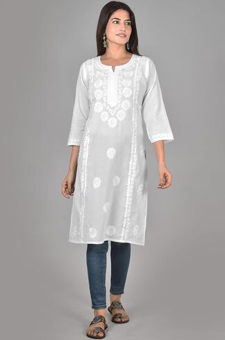 Vrnda Women's White Cotton Kurti – Hand-Embroidered Lucknowi Chikankari, Straight Fit, Knee-Length Pakistani Style Kurta in Saudi Arabia