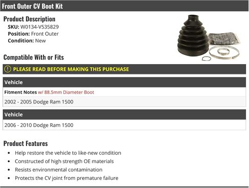 Front Outer CV Boot Kit - Compatible with 2002-2010 Dodge Ram 1500 (W0134-V535829) in Saudi Arabia