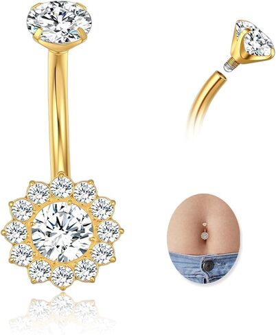 G23 Titanium Belly Button Ring 14G Golden Silvery Belly Ring for Women, Halo Internally Threaded Flower Opal Piercing Jewelry 8/10/12/14mm Barbell with Cubic Zirconia in Saudi Arabia
