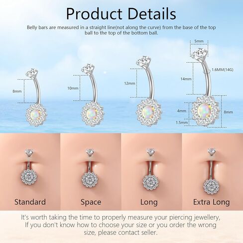 G23 Titanium Belly Button Ring 14G Golden Silvery Belly Ring for Women, Halo Internally Threaded Flower Opal Piercing Jewelry 8/10/12/14mm Barbell with Cubic Zirconia in Saudi Arabia