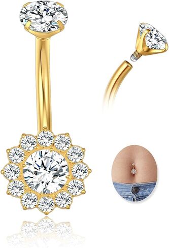 G23 Titanium Belly Button Ring 14G خاتم بطن ذهبي فضي للنساء ، Halo متورط داخليًا ، مجوهرات ثقب ، 8/10/12/14 مم مع زركونيا مكعب in Kuwait