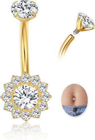G23 Titanium Belly Button Ring 14G خاتم بطن ذهبي فضي للنساء ، Halo متورط داخليًا ، مجوهرات ثقب ، 8/10/12/14 مم مع زركونيا مكعب in Kuwait