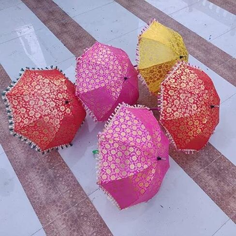 5 Pcs Lot Indian Wedding Umbrellas Vintage Golden Silk Decorative Umbrella Sun Parasols Wedding Birthday Party Decoration Lot Of Silk Umbrella in Saudi Arabia