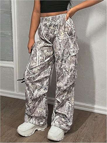 SOLY HUX Girl's Camo Cargo Pants Y2k Elastic Waist Wide Leg Baggy Parachute Pants Streetwear Trousers in Saudi Arabia