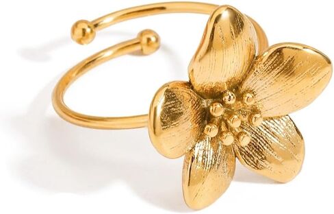 Gold-Tone Flower Statement Rings Trendy Stainless Steel Adjustable Open Minimalist Floral Wrap Finger Promise Dainty Expandable Engagement Wedding Stacking Ring Hypoallergenic Jewelry for Women Her in Saudi Arabia