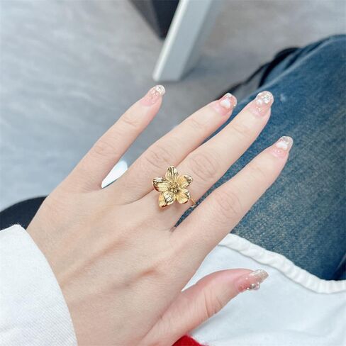 Gold-Tone Flower Statement Rings Trendy Stainless Steel Adjustable Open Minimalist Floral Wrap Finger Promise Dainty Expandable Engagement Wedding Stacking Ring Hypoallergenic Jewelry for Women Her in Saudi Arabia