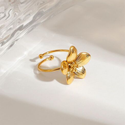 Gold-Tone Flower Statement Rings Trendy Stainless Steel Adjustable Open Minimalist Floral Wrap Finger Promise Dainty Expandable Engagement Wedding Stacking Ring Hypoallergenic Jewelry for Women Her in Saudi Arabia