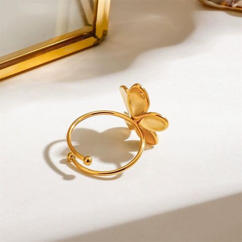 Gold-Tone Flower Statement Rings Trendy Stainless Steel Adjustable Open Minimalist Floral Wrap Finger Promise Dainty Expandable Engagement Wedding Stacking Ring Hypoallergenic Jewelry for Women Her in Saudi Arabia