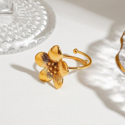 Gold-Tone Flower Statement Rings Trendy Stainless Steel Adjustable Open Minimalist Floral Wrap Finger Promise Dainty Expandable Engagement Wedding Stacking Ring Hypoallergenic Jewelry for Women Her in Saudi Arabia