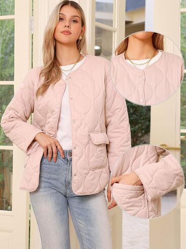 Allegra K Quilted Jackets for Women Button Down Puffer Lightweight Jacket Trendy Casual Outerwear Winter Coat with Pockets in Saudi Arabia