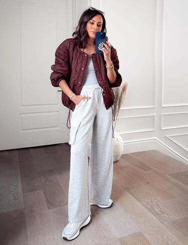 Quilted Jackets for Women Lightweight Cropped Long Sleeve Button Down Puffer Jacket Coat Outerwear in Saudi Arabia
