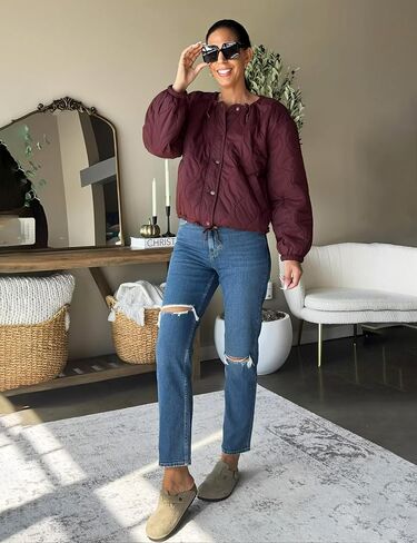 Quilted Jackets for Women Lightweight Cropped Long Sleeve Button Down Puffer Jacket Coat Outerwear in Saudi Arabia