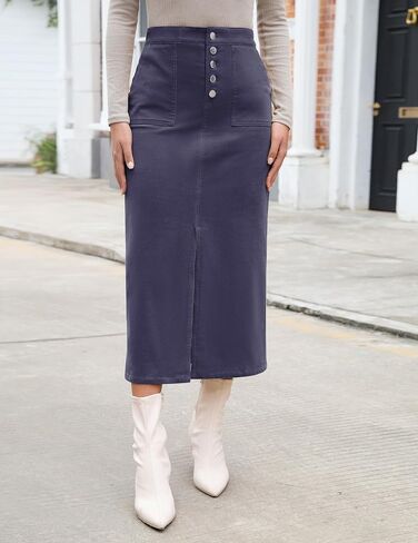 luvamia Corduroy Skirts for Women Midi Length High Waisted Button Fly Fall Casual Elastic Waist Long Skirt with Slit in Saudi Arabia