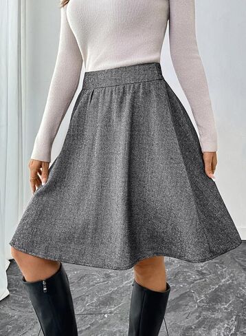 Happy Sailed Womens Winter Fall Tweed High Waisted Flared Mini Skater Skirt A Line Pleated Midi Skirts in Saudi Arabia