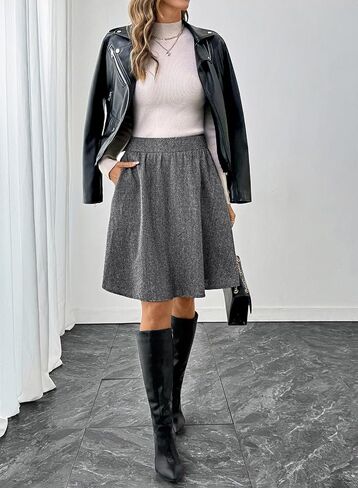 Happy Sailed Womens Winter Fall Tweed High Waisted Flared Mini Skater Skirt A Line Pleated Midi Skirts in Saudi Arabia