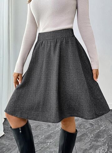 Happy Sailed Womens Winter Fall Tweed High Waisted Flared Mini Skater Skirt A Line Pleated Midi Skirts in Saudi Arabia