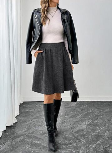 Happy Sailed Womens Winter Fall Tweed High Waisted Flared Mini Skater Skirt A Line Pleated Midi Skirts in Saudi Arabia