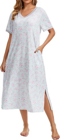 Cotton Nightgowns for Women Soft Short Sleeve Long Night Gowns Sleepwear with Pockets in Saudi Arabia
