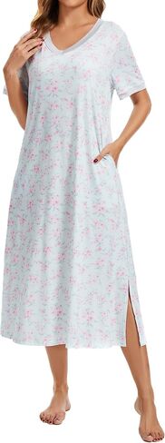 Cotton Nightgowns for Women Soft Short Sleeve Long Night Gowns Sleepwear with Pockets in Saudi Arabia