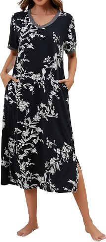Cotton Nightgowns for Women Soft Short Sleeve Long Night Gowns Sleepwear with Pockets in Kuwait