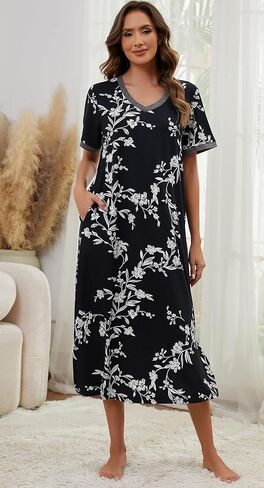 Cotton Nightgowns for Women Soft Short Sleeve Long Night Gowns Sleepwear with Pockets in Kuwait