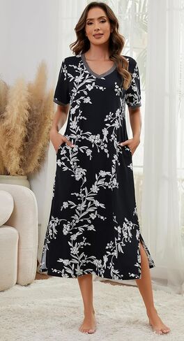 Cotton Nightgowns for Women Soft Short Sleeve Long Night Gowns Sleepwear with Pockets in Kuwait