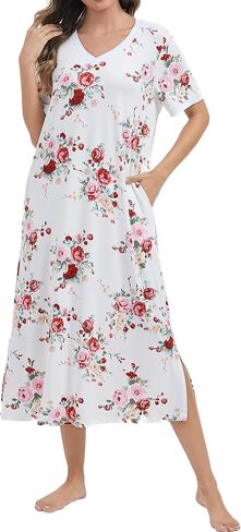 Cotton Nightgowns for Women Soft Short Sleeve Long Night Gowns Sleepwear with Pockets in Saudi Arabia