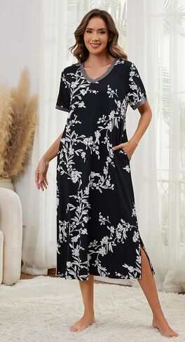 Cotton Nightgowns for Women Soft Short Sleeve Long Night Gowns Sleepwear with Pockets in Kuwait