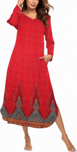 Ekouaer Women's Nightgown V-Neck Loungewear Long Sleeve Sleepwear Full Length Nightgown for Women S-4XL in Saudi Arabia