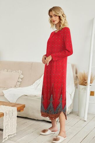 Ekouaer Women's Nightgown V-Neck Loungewear Long Sleeve Sleepwear Full Length Nightgown for Women S-4XL in Saudi Arabia