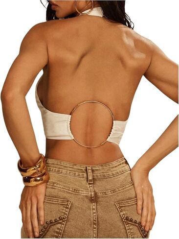 Women's Backless O Ring Halter Tops Cut Out Sleeveless Tie Front Crop Top Party Clubwear in Saudi Arabia