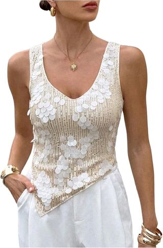 SHENHE Women's Glitter Bling Sequin Tank Tops Sparkly V Neck Asymmetrical Hem Party Rave Going Out Top in Saudi Arabia