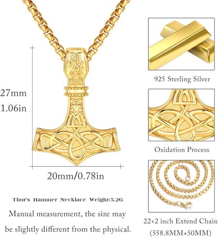 Viking Thor Hammer Necklace 925 Sterling Silver Norse Thor Hammer Pendant Necklace,Nordic Mjolnir Amulet Jewelry Birthday Gifts for Men with 22+2 in Chain in Kuwait