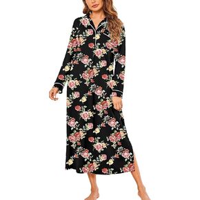 Ekouaer Nightgowns for Women Long Sleeves Nightgown Soft Sleepwear Button V Neck Sleepshirt Long Nightgown S-XXL in Kuwait