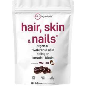 Micro Ingredients Hair Skin and Nails Vitamins for Women & Men | 400 Softgels with MCT Oil | 22-in-1 Argan Oil, Hyaluronic Acid, Collagen, Keratin & Biotin Complex | Natural Hair Growth Support in Kuwait