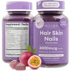 Hair Skin and Nails Vitamins for Women – Extra Strength 6000mcg Biotin Hair Gummies with Marine Collagen, Vitamin E, A, C & PABA for Hair Growth, Healthy Skin & Nails – Made in US, Passion Fruit, 60ct in Saudi Arabia