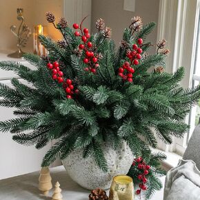 Ivydale 17Pcs Artificial Pine Branches Christmas Greenery Stems Plants Pine Needles with Pinecones for DIY Home Garden Decoration Winter Decor (Pine Branch+Pinecone&Berries) in Saudi Arabia