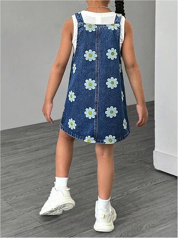 WDIRARA Girl's Floral Sleeveless Denim Overall Dress Pinafore Mini Jean Dresses with Pockets in Saudi Arabia