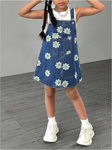 WDIRARA Girl's Floral Sleeveless Denim Overall Dress Pinafore Mini Jean Dresses with Pockets in Saudi Arabia
