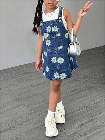 WDIRARA Girl's Floral Sleeveless Denim Overall Dress Pinafore Mini Jean Dresses with Pockets in Saudi Arabia