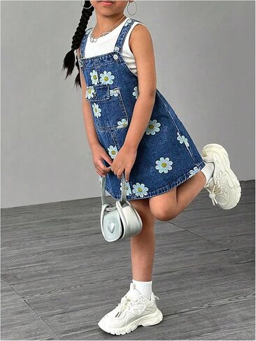 WDIRARA Girl's Floral Sleeveless Denim Overall Dress Pinafore Mini Jean Dresses with Pockets in Saudi Arabia