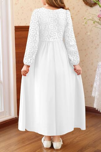 HOSIKA Girls Long Sleeve Maxi Dress Vintage Chiffon A-Line Formal Junior Bridesmaid Dresses for Fall Wedding Party in Kuwait