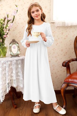 HOSIKA Girls Long Sleeve Maxi Dress Vintage Chiffon A-Line Formal Junior Bridesmaid Dresses for Fall Wedding Party in Kuwait