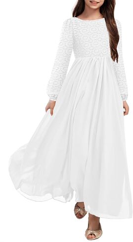 Hosika Girls Long Sleeve Maxi Dress Vintage Chiffon A-Line-فساتين وصيفات الشرف الرسمية in Saudi Arabia