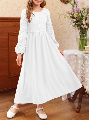 Hosika Girls Long Sleeve Maxi Dress Vintage Chiffon A-Line-فساتين وصيفات الشرف الرسمية in Saudi Arabia