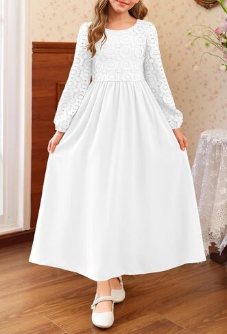 Hosika Girls Long Sleeve Maxi Dress Vintage Chiffon A-Line-فساتين وصيفات الشرف الرسمية in Saudi Arabia