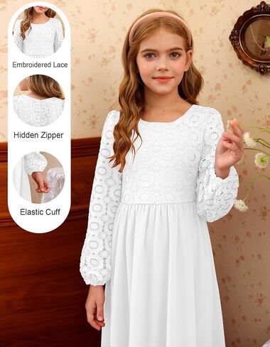 Hosika Girls Long Sleeve Maxi Dress Vintage Chiffon A-Line-فساتين وصيفات الشرف الرسمية in Saudi Arabia