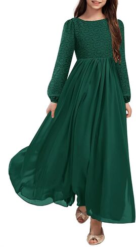 HOSIKA Girls Long Sleeve Maxi Dress Vintage Chiffon A-Line Formal Junior Bridesmaid Dresses for Fall Wedding Party in Kuwait